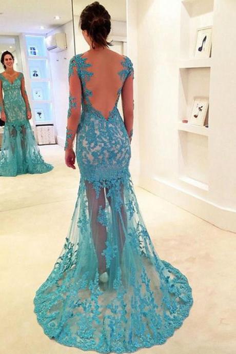 Long Sleeve Lace Prom Dress, Blue Backless Prom Dress, Sexy V-neck Prom Dress with Lace Appliques, #020102064