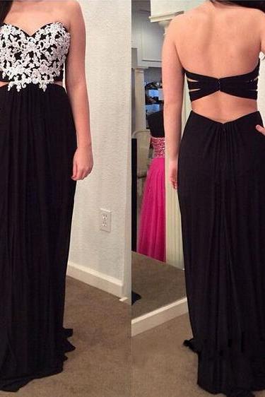 Sweetheart Prom Dresses, Black Chiffon Prom Dress with White Lace Appliques, Open Black Prom Dresses, #020102066