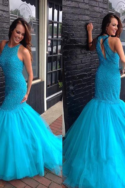 Beaded Mermaid Prom Dress with Keyhole Back, Fashion Blue Prom Dress, Sleeveless Scoop Neck Prom Dress, #020102073