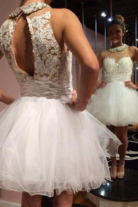 Halter White Homecoming Dresses, Short Lace Prom Dress with Keyhole Back, Mini Tulle Prom Dress, #020102077