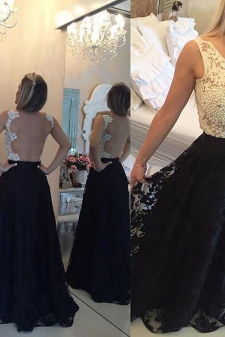 Sexy Backless Long Prom Dress, Pearl Beaded Prom Dress, A-line Black and White Lace Prom Dress, #020102159