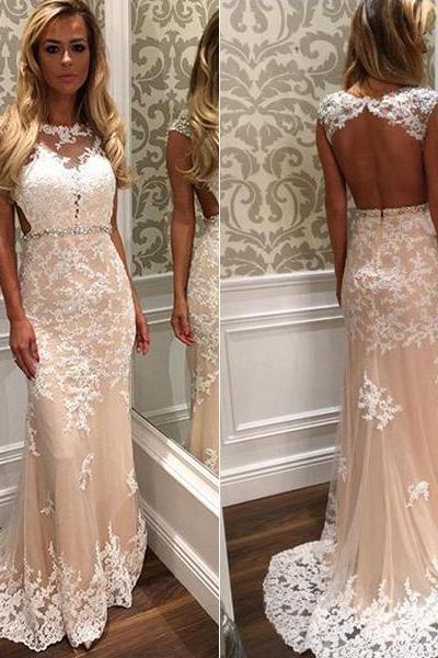 Cap Sleeve Prom Dress with Beaded Belt, White Open Back Wedding Dress, Long Lace Prom Dresses, #020102160