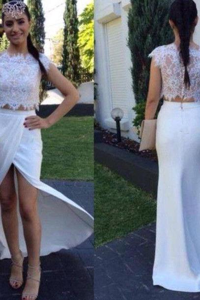 Modern Scalloped Neck Prom Dresses, Two Piece Lace Prom Dresses with Split Front, White Chiffon Crop Top Prom Dress, #020102167