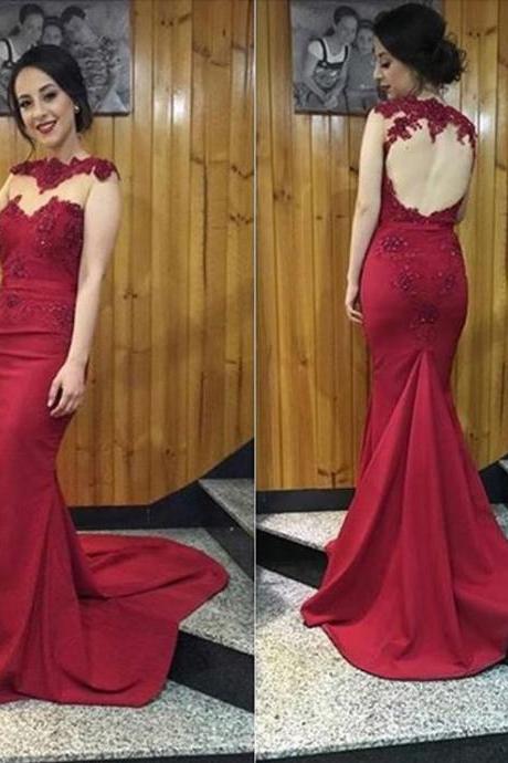 Burgundy Prom Dresses with Lace Appliques, Open Back Prom Dress with Sweep Train, High Neck Mermaid Prom Dresses, #020102169