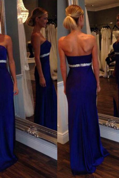 Sweetheart Satin Prom Dresses, Column Prom Dress with Side Slit, Royal Blue Prom Dress with Beaded Belt, #02018751