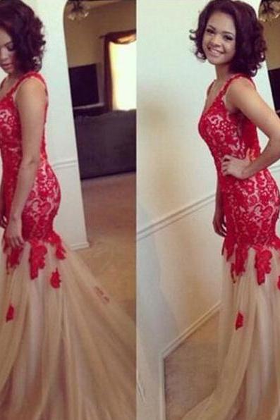 Tulle Prom Dress with Red Floral Lace, Mermaid V-neck Prom Dresses, Sleeveless Trumpet Prom Dresses, #02018799