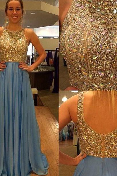 Sparkle Crystal Beaded Prom Dresses, Chiffon Prom Dress with A-line Skirt, Low Back Long Prom Dresses with all over beaded Bodice, #02018846