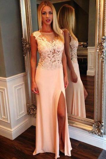 Floral Lace Illusion Prom Dresses with Side Slit, White Prom Dresses with Tank See-through Bodice, Beautiful Long Prom Dresses, #02018939