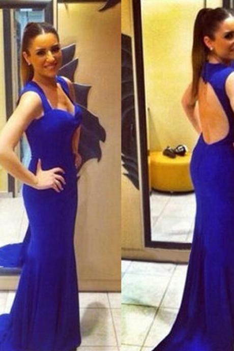 Royal blue Sweetheart Prom Dresses with Keyhole Back, Open Back Prom Dresses with Sweep Train, Mermaid Evening Dresses, #02018991