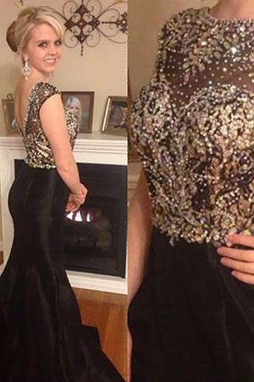 Illusion Beaded Prom Dresses, High Neck Prom Dress with Sparkling Crystal Bead, V-Back Mermaid Prom Dress, #02019071