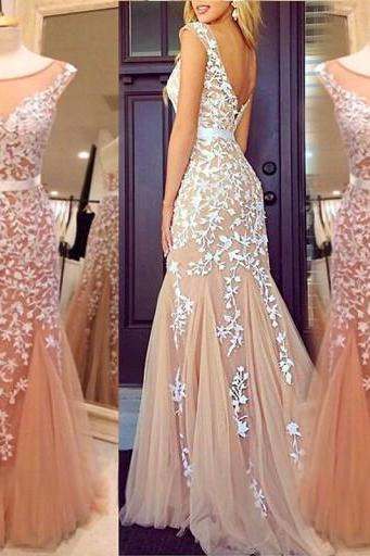 Champagne Mermaid Prom Dresses with White Lace Appliques, Cap Sleeve Prom Dress with Fit and Flare Tulle Skirt, #02016778