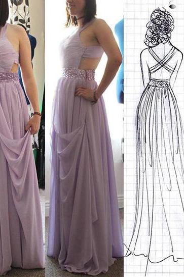 Halter Lavender Prom Dresses with Cutouts, Chiffon Prom Dresses with Ruching Detail, Open Back Prom Dresses with Beaded Belt, #02017821