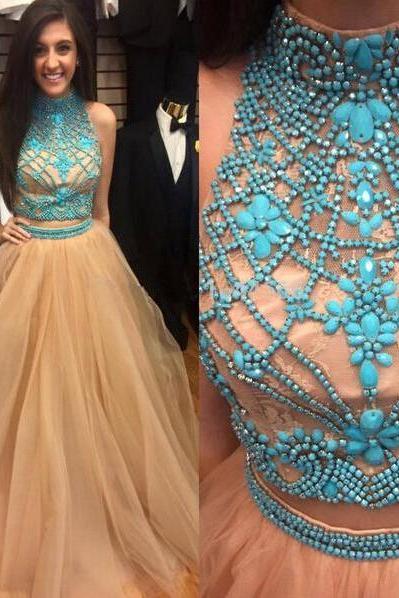 Illusion Neck Prom Dresses with Blue Gemstones, High Neck Crop Top Prom Dresses, Two Piece Prom Dresses with Tulle Shirt, #02018891