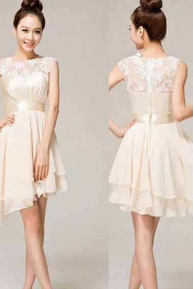 Asymmetrical Short Prom Dresses with Ribbon, Illusion Lace White Prom Dress with High Low Hem, High Low Prom Dresses, #02019743