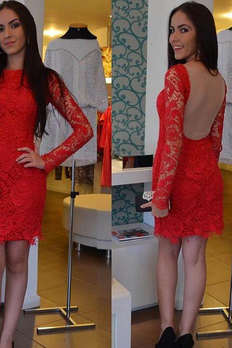 Long Sleeve Lace Prom Dress, Low Back Prom Dress with Floral Lace, Hot Red Short Prom Dress, #02019758