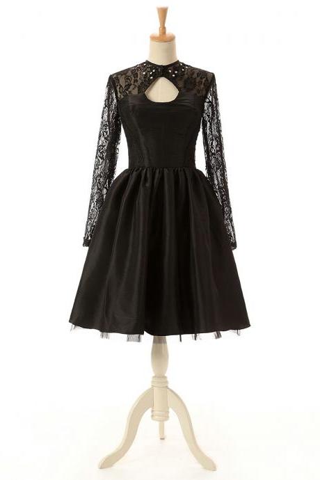 Black Lace Homecoming Dresses, High Neck Homecoming Dress with Key Hole, Long Sleeved Short Homecoming Dress, #020102516