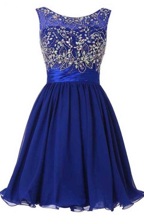 Illusion Royal Blue Homecoming Dress, Short Chiffon Homecoming Dress, Low Back Homecoming Dress with Beads and Crystal, #020102520