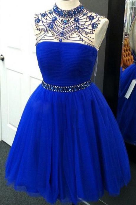 High Neck Homecoming Dress with Beaded Belt, Sweet Royal Blue Tulle Homecoming Dress, Bead and Crystal Homecoming Dress, #020102524