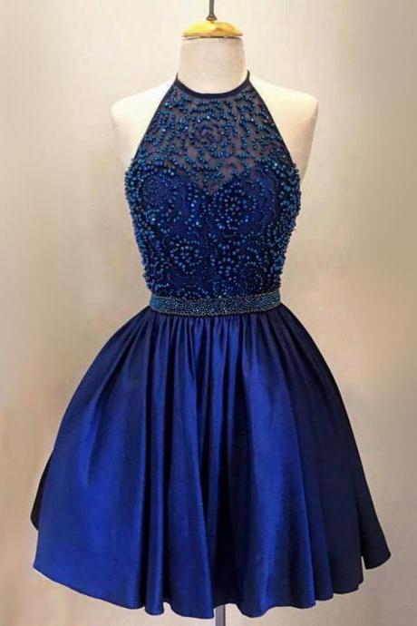 Halter Satin Short Homecoming Dress, Royal Blue Homecoming Dress with Beads, Sexy, Low Back Homecoming Dress, #020102526