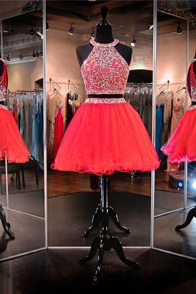 Two Piece Red Homecoming Dress with Sequins, High Neck Tulle Homecoming Dress with Key Hole, Beaded Organza Homecoming Dress, #020102528