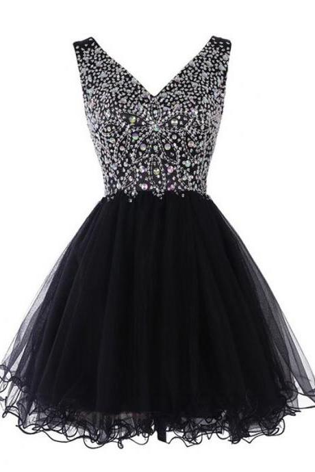 Princess V-neck Tulle Homecoming Dress, Black Crystal Short Homecoming Dress, Cute Mini Homecoming Dress with Pleats, #020102531