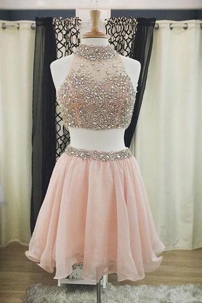 Princess Two Piece Pink Homecoming Dress, High Neck Mini Chiffon Homecoming Dress, Bead and Crystal Homecoming Dress with Pleats, #020102532