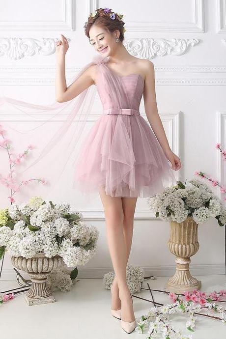 Fairylike One Shoulder Blush Homecoming Dress, Asymmetric Homecoming Dress with a Ribbon, Princess Tulle Mini Homecoming Dress, #020102533