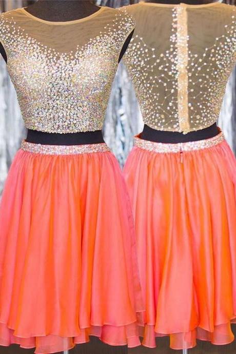 Two Piece Watermelon Short Homecoming Dress with Beads, Cap Sleeves Tulle Homecoming Dress, Chiffon Homecoming Dress with Ruffles, #020102540
