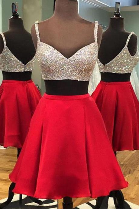 Spaghetti Straps Sequined Homecoming Dress with Pleats, Two Piece Red Satin Homecoming Dress, Sexy A-line Short Homecoming Dress, #020102541
