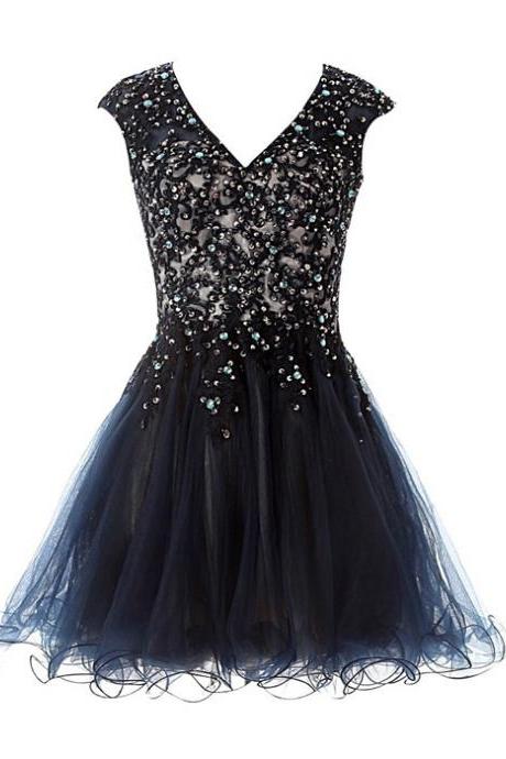 Black Princess Homecoming Dresses with Sparkly Sequins, A-line V-neck Satin Homecoming Dress, Sexy Open Back Homecoming Dresses, #020102553