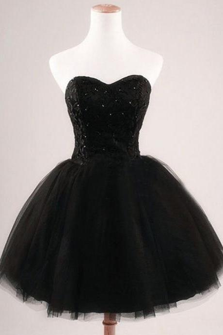 Chic Black Lace Homecoming Dresses, Sweetheart Princess Homecoming Dress, Simple Homecoming Dresses with Tulle Skirt and Sparkle Sequins, #020102554