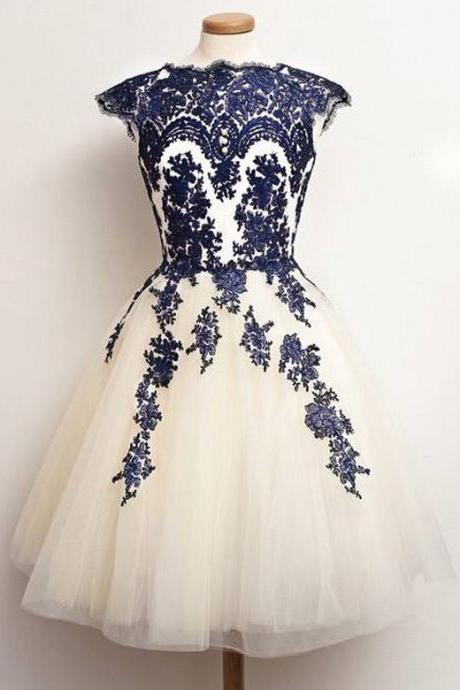 Cap Sleeve Princess Homecoming Dresses, Scalloped Neck Tulle Homecoming Dresses, Modest Knee-length Homecoming Dresses with Lace Appliques, #020102559