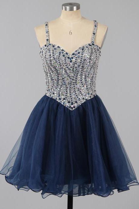 Sweetheart A-line Beaded Homecoming Dress in Navy Blue