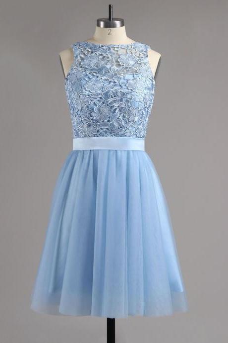 Jewel Ice Blue Homecoming Dress with Sash, Illusion Tulle Homecoming Dress with Lace Appliques, Princes Short Open Back Homecoming Dress, #020100826