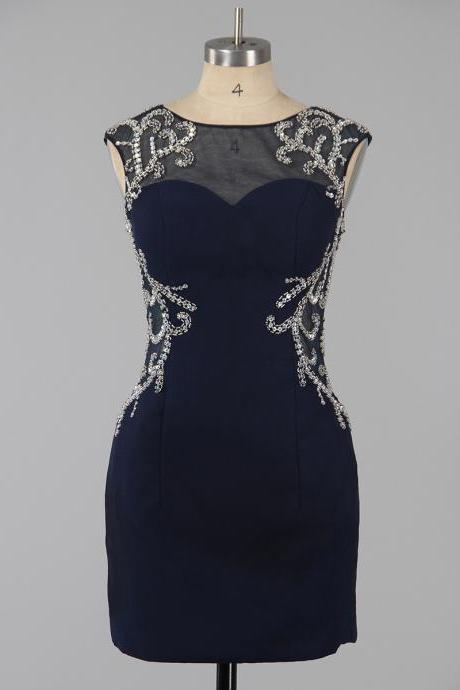 Dark Navy Column Illusion Neck Homecoming Dresses, Sexy Open Back Homecoming Dresses, Silk-like Satin Homecoming Dress with Sparkle Beads, #020101761