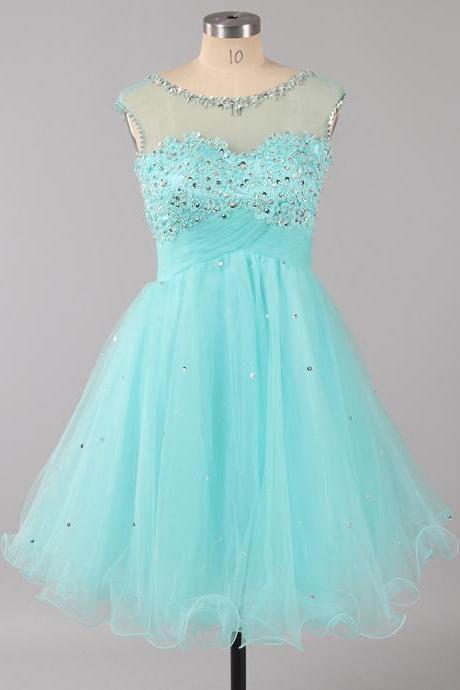 A-line Blue Homecoming Dresses, Illusion Neck Tulle Short Homecoming Dresses with Glittering Beads, New Arrival Homecoming Dresses, #020101797