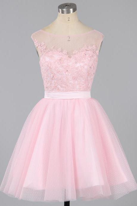 Custom Made Baby Pink Illusion Neckline Lace Tulle A-Line Short Cocktail Dress, Graduation Dress, Evening Dress, Homecoming Dress
