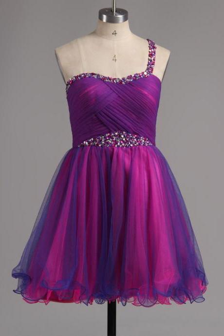Custom Made Purple Crystal Embellished One-Shoulder Chiffon A-Line Short Cocktail Dress, Graduation Dress, Evening Dress, Homecoming Dress