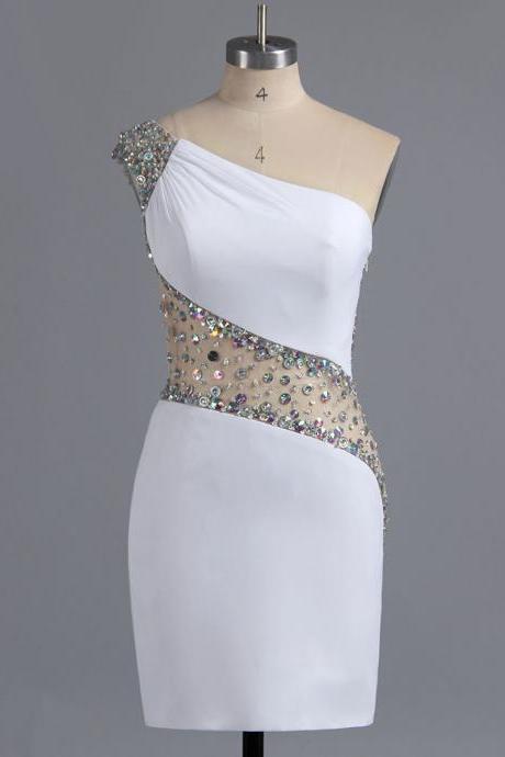 Sexy One Shoulder Bodycon Homecoming Dress, Asymmetric White Homecoming Dress with Beads and Sequins, Sparkling Chiffon Homecoming Dress, #02016008