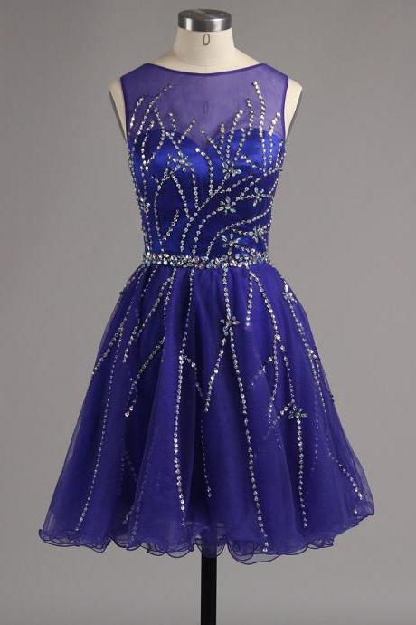 Illusion Royal Blue Homecoming Dress with Key Hole Back, Princess Short Beaded Homecoming Dress, Tulle Homecoming Dress with Pleats, #02016341