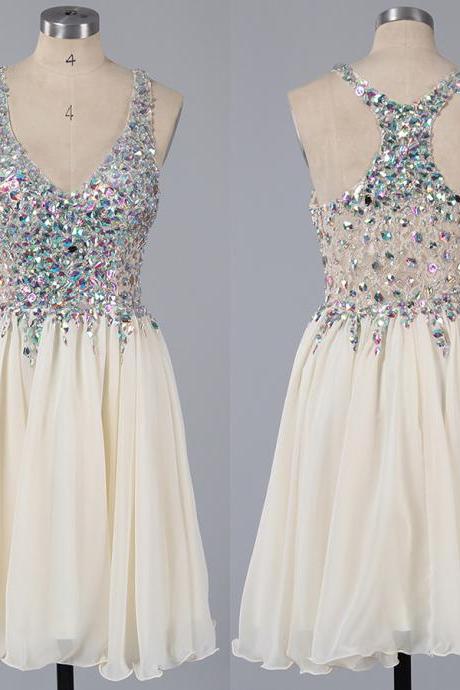 Princess Ivory Mini Homecoming Dress with Straps, See-through Lace Homecoming Dress with Crystal, Shining Chiffon Homecoming Dress, #02016363