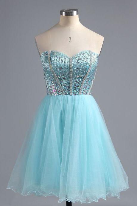 Sexy Sweetheart Satin Homecoming Dress, Princess Light Blue Mini Homecoming Dress, Sparkling Crystal Tulle Homecoming Dress with Pleats, #02016385