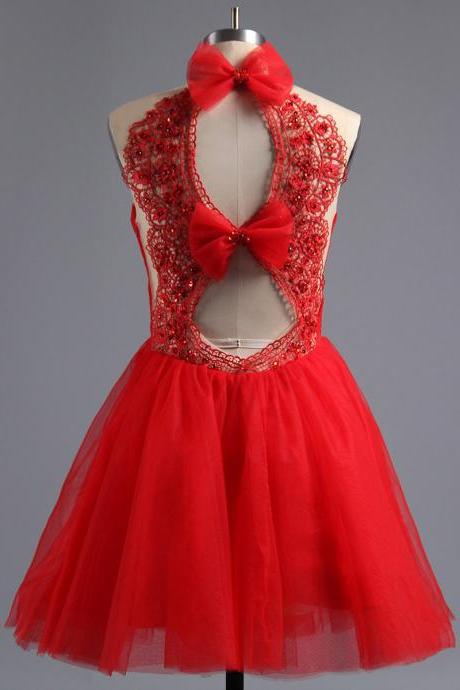Red Illusion Homecoming Dress with Key Holes Back, Princess Tulle Homecoming Dress with Bowknots, Mini Homecoming Dress with Lace Appliques, #02016973