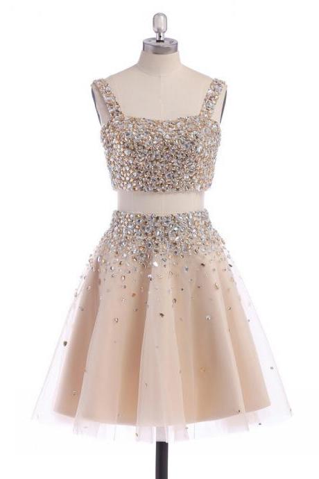 Square Neck Tulle Short Homecoming Dress, Sweet Two Piece Champagne Homecoming Dress, Crop Top Crystal Mini Homecoming Dress, #02019194