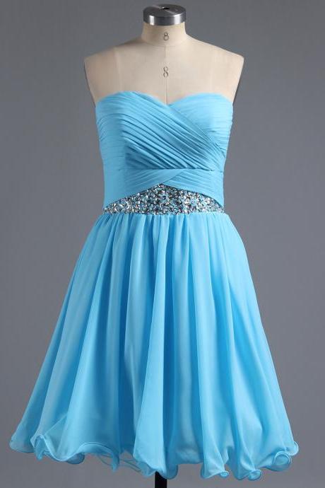 Princess Sky Blue Chiffon Homecoming Dress, Cute A-line Homecoming Dress with Pleats, Short Homecoming Dress with Sequins and Crystal, #02042295