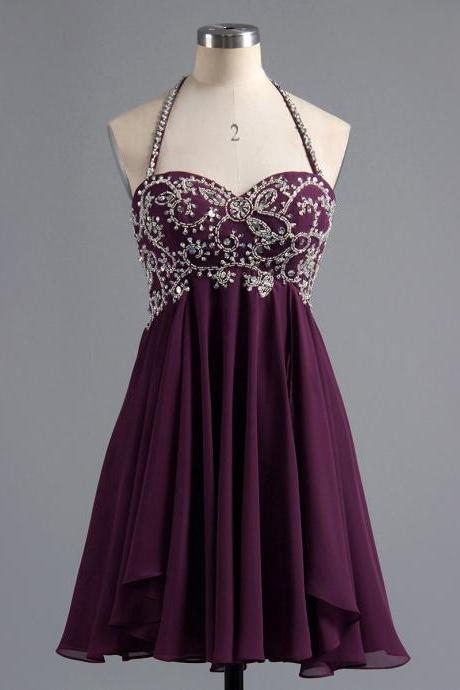 Elegant Grape Halter Homecoming Dresses, Empire Chiffon Homecoming Dresses, Glittering Crystal Beaded Homecoming Dress with Low Back, #02042381