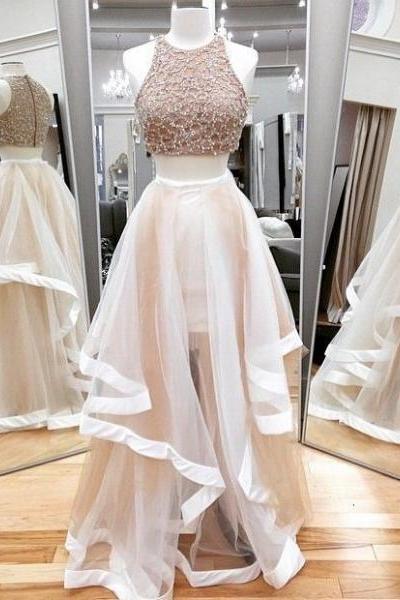 Jewel Neck Ivory Two Piece Prom Dress, Sparkling Beaded Floor Length Tulle Prom Dress, Elegant A-line Crop Top Sleeveless Prom Dress, #020102393