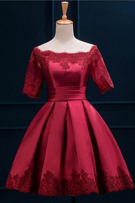 Off the Shoulder Red Satin Prom Dress with half Sleeves, Short Lace-up Prom Dress with Lace Appliques, Princess Prom Dress with Pleats, #020102397