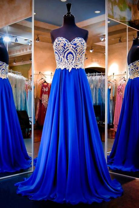 A-line Sweetheart Prom Dress, Royal Blue Floor Length Prom Dress with Sweep Train, Chiffon Prom Dress with Beads and Lace Appliques, #020102399