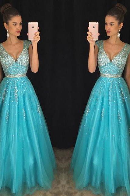 Deep V Neck A-line Tulle Prom Dress with Cap Sleeves, Light Blue Floor Length Prom Dress, Low Back Crystal Beaded Prom Dress with Belt, #020102401